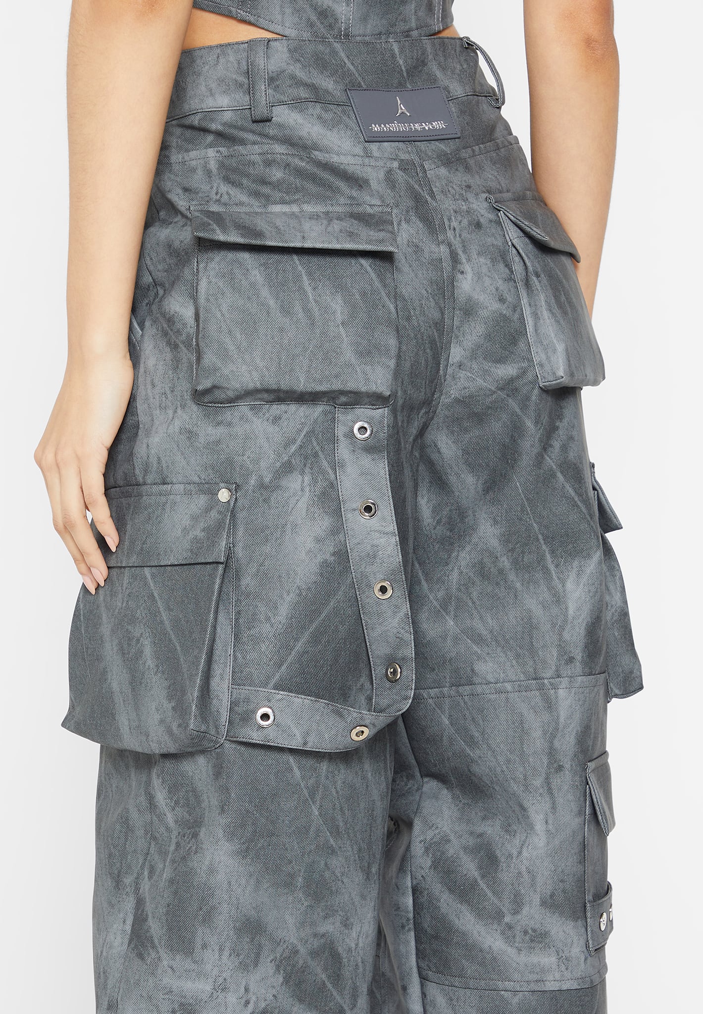 High Waisted Vintage Marble Leather Cargo Pants - Washed Grey