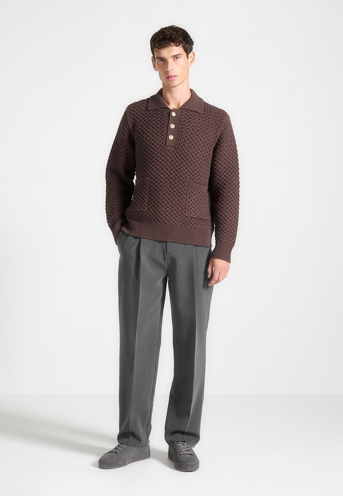 Renaud - Waffle Knit Polo Jumper - Brown