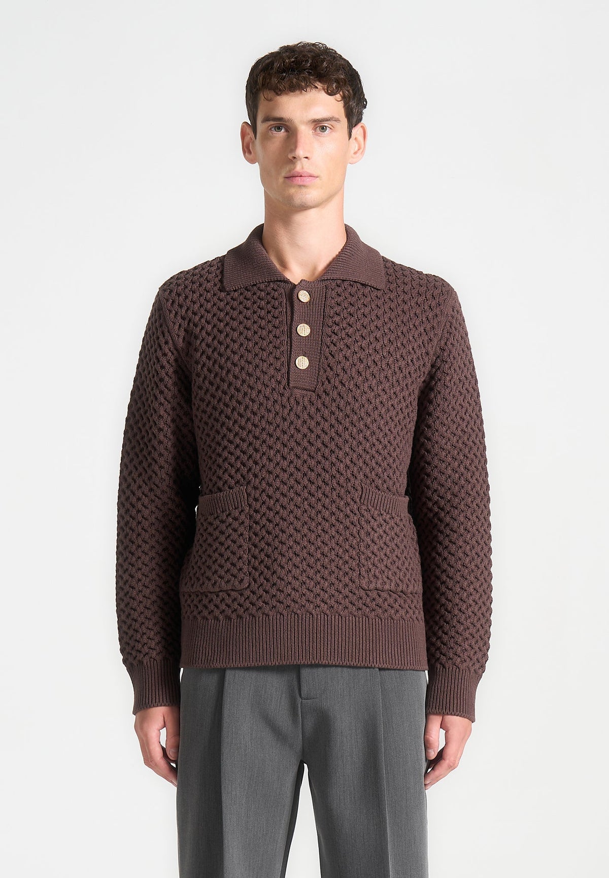 Renaud - Waffle Knit Polo Jumper - Brown