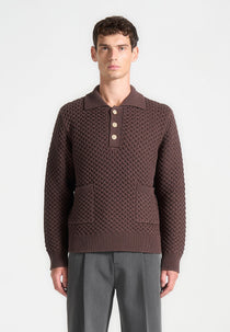Renaud - Waffle Knit Polo Jumper - Brown