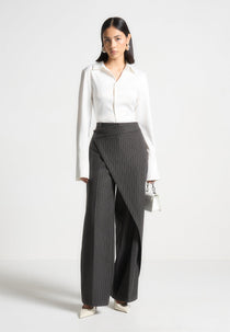 Colette - Wool Pinstripe Wrap Tailored Trousers - Grey